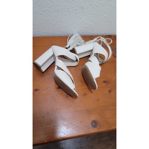 Louise et cie Open-Toe Block Pump Heel Sandals With Tassel Ankle Ties In Ivory - Picture 6 of 12